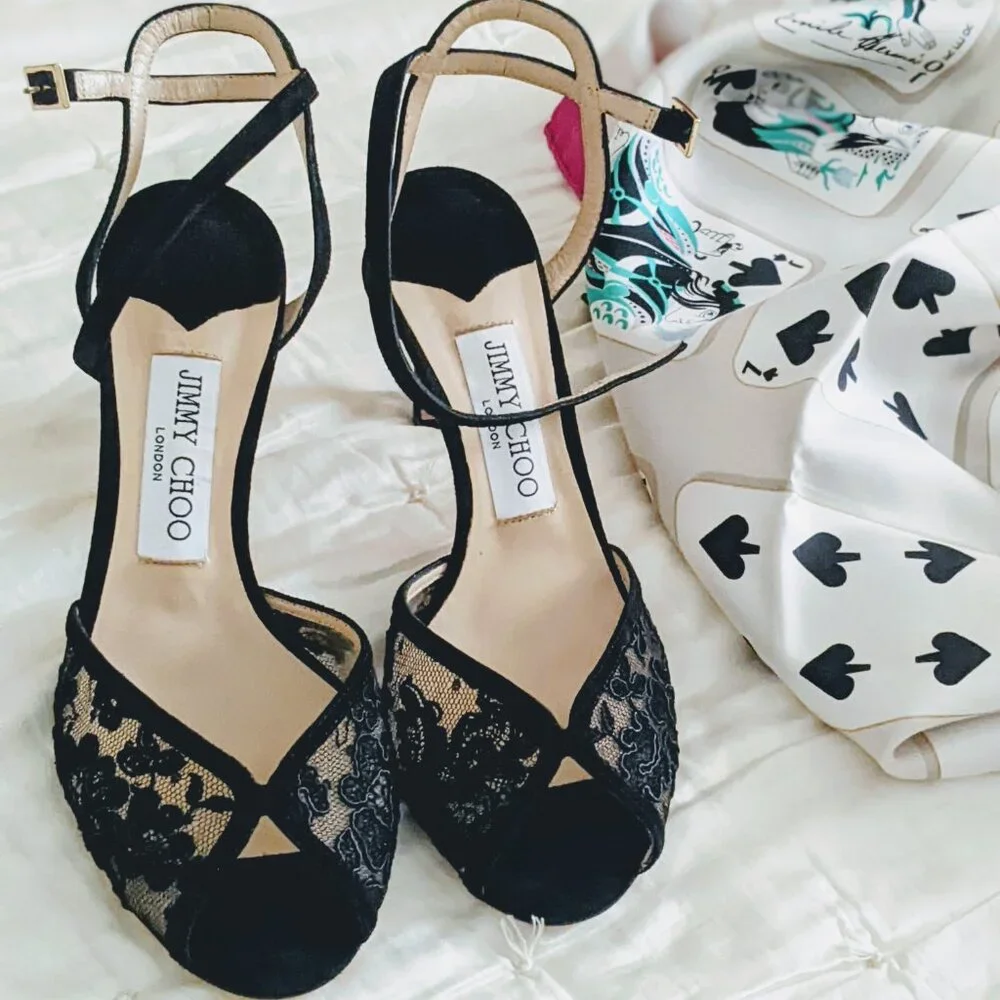 NWT, Jimmy Choo Sacora 85 Black Suede and Lace Peep Toe Ankle Strap Sandals - Picture 3 of 13